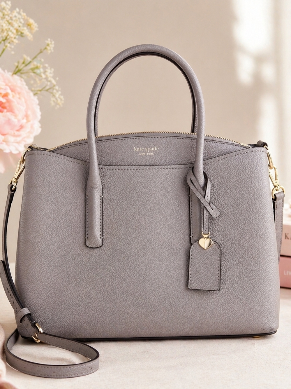 Kate Spade Pebbled Leather Satchel Gray Structured Tote Gold Hardware Crossbody